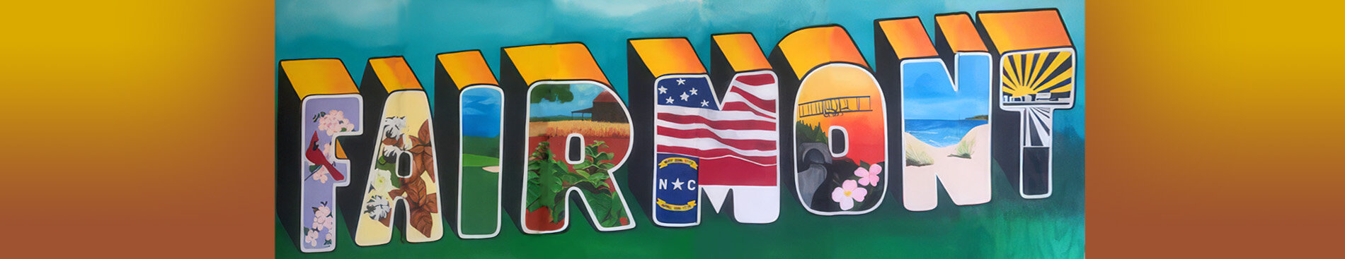 Fairmonh Mural with vibrant colors of flags, landscapes etc.